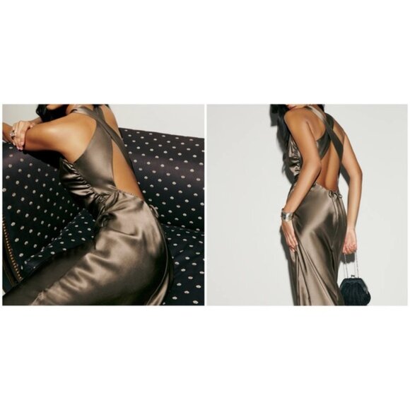 NEW Reformation Anaiis Long Silk Backless Dress Morel Brown | US 6 UK 10 - Picture 2 of 15
